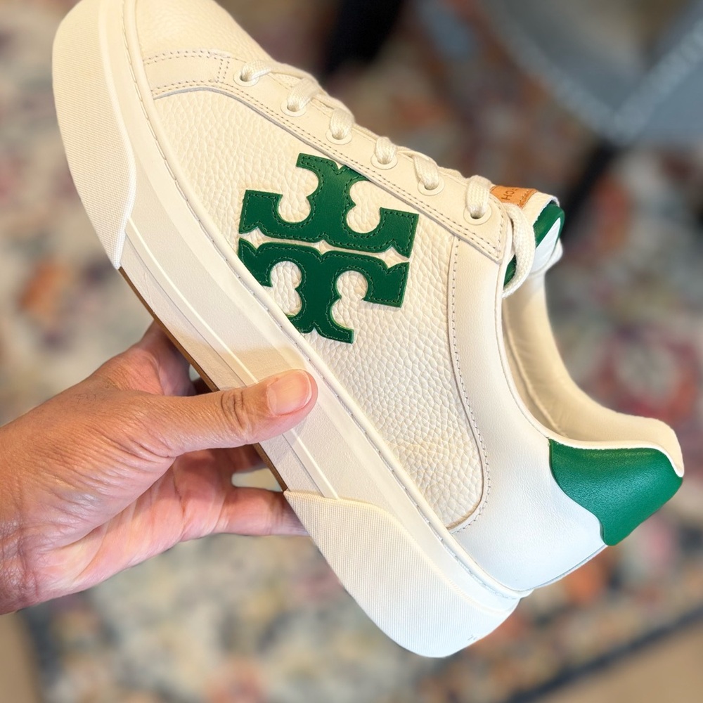 Tory Burch White Leather Platform Sneaker with Green Logo